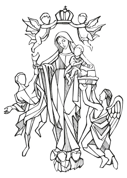 手描きベクトルイラストや光の聖なる母の絵 — ストックベクタ