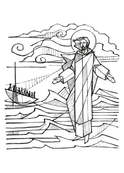 耶稣在水上行走的手绘矢量图解或绘图 — 图库矢量图片