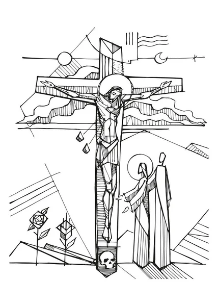 耶稣被钉十字架的手绘矢量图解或绘图 — 图库矢量图片