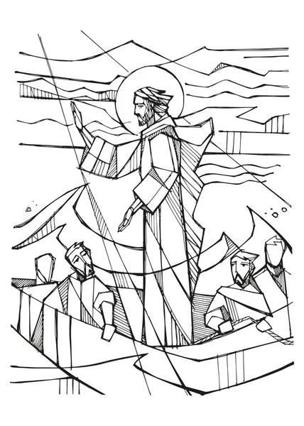 Рука Намальована Векторна Ілюстрація Або Малюнок Ісуса Заспокоює Шторм — стоковий вектор