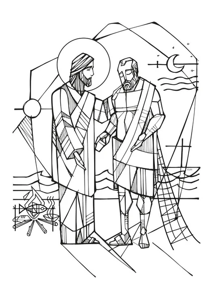 Ilustrasi Vektor Gambar Tangan Atau Gambar Yesus Dan Petrus - Stok Vektor