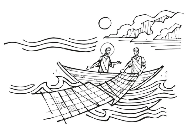 Handgezeichnete Vektorillustration Oder Zeichnung Von Jesus Der Das Netz Auswirft — Stockvektor