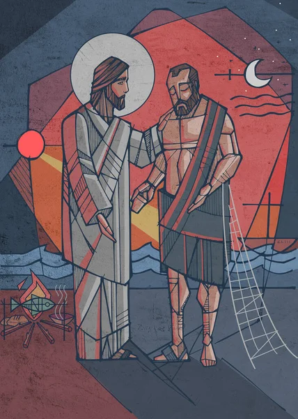 Handritad Vektor Illustration Eller Teckning Jesus Och Peter — Stockfoto