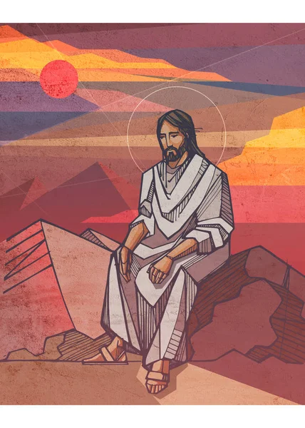 Illustration Vectorielle Dessinée Main Dessin Jésus Dans Désert — Photo