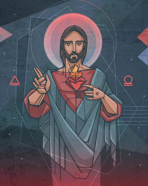 Ilustración Vectorial Dibujada Mano Dibujo Del Corazón Sagrado Jesu —  Fotos de Stock