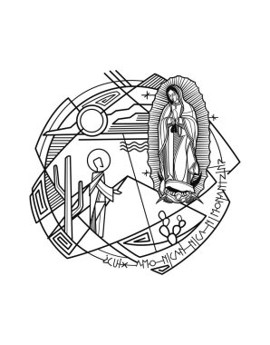 Guadalupe 'li Bakire Meryem ve Aziz Juan Diego' nun el çizimi veya çizimi ve Nahuatl 'daki bir ifade şu anlama geliyor: