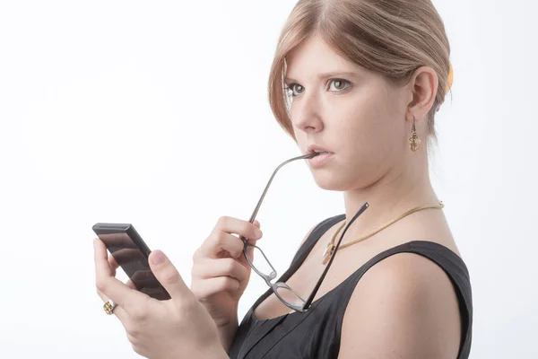 Young Worried Woman Calculator Checking Numbers Energy Costs — Stock Photo, Image