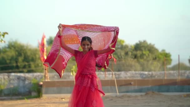 美しいインドの女の子の肖像画 ヒンドゥーの若い女性モデル 伝統的なインドのコスチュームナヴァラトリ 緑の背景に若い美しいインドの少女 — ストック動画