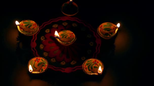 Happy Diwali Clay Diya Lámparas Encendidas Durante Diwali Festival Hindú — Vídeos de Stock