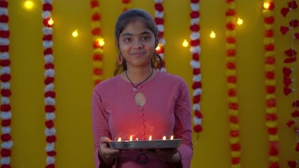Diwali Hindu Festival Lights Celebration Diya Oil Lamp Woman Hands — Stock Video