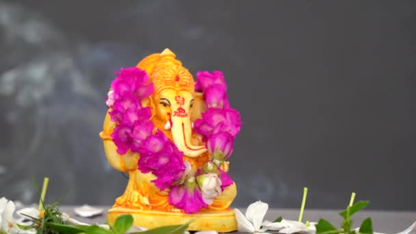 甘尼萨领主 甘尼萨节 甘尼萨领主 关于五彩缤纷的背景 水泼洒在甘尼萨大人的雕塑上 为有背景的Ganesh Chaturthi庆祝主Ganesha — 图库视频影像