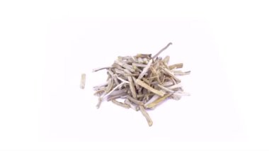 Beyaz arka planda Ayurvedic bitki Satavari, Kurilo veya Kuşkonmaz Racemosus 'u kapatın. Ayurvedic bitki satavari, sağlıklı dişi üreme sistemi için kuşkonmaz racemosus.