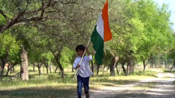Симпатичные Маленькие Индийские Дети Держат Машут Бегают Триколором Зеленью Заднем — стоковое видео