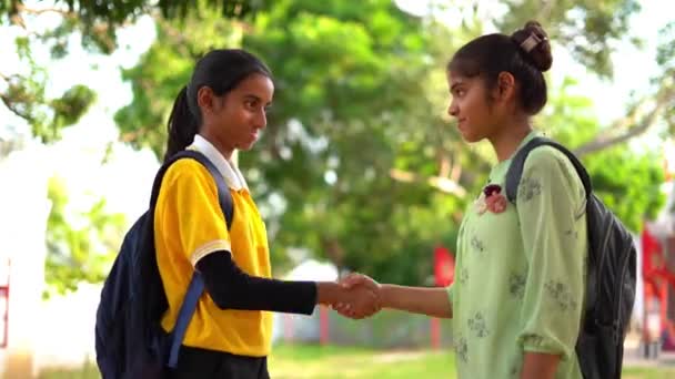 Uścisk Dłoni Dwóch Uczennic Świeżym Powietrzu Szczęśliwa Studencja Dwoje Studentów — Wideo stockowe
