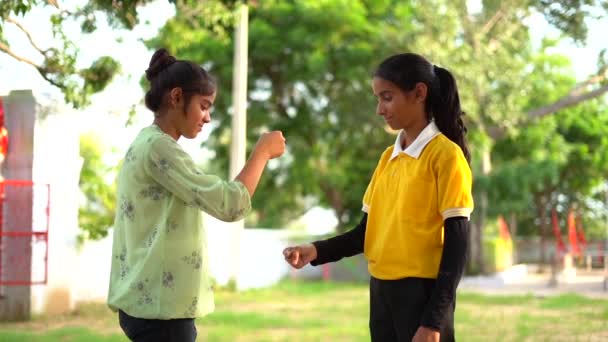 Uścisk Dłoni Dwóch Uczennic Świeżym Powietrzu Szczęśliwa Studencja Dwoje Studentów — Wideo stockowe