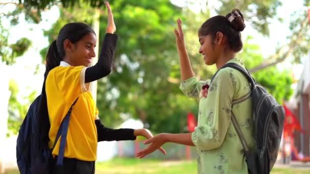 Пожать Руку Двум Студенткам Улице Счастливый Позитивный Студент Два Студента — стоковое видео