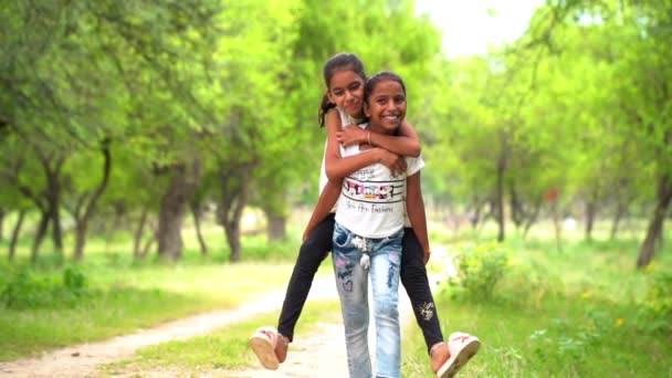 Kız Kız Kardeşini Parka Geri Götürüyor Mutlu Bir Kızın Omuzlarına — Stok video