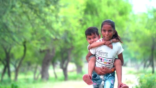Gadis Memberikan Naik Adik Kembali Taman Portrait Happy Girl Giving — Stok Video