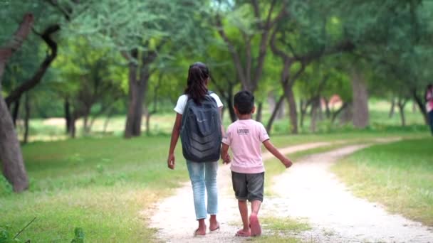 Asyalı Anaokulu Kızı Erkek Kardeşiyle Birlikte Sabah Bahçesinde Okula Yürür — Stok video