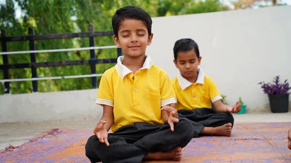 两个印度小男孩在公园里闭着眼睛 在滚石垫子上冥想瑜伽 孩子们在室外练习瑜伽 — 图库照片