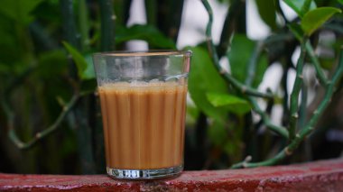 Bir fincan taze demlenmiş siyah çay, buhardan kaçan sıcak yumuşak ışık, daha koyu arkaplan. Taze süt çayı ya da Hint Kadak Chai. Masala çayı.