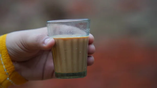 一杯新鲜煮好的红茶 散发出蒸汽 温暖柔和的光线 深色的背景 鲜奶茶或印度卡达克柴茶 玛莎娜茶 — 图库照片