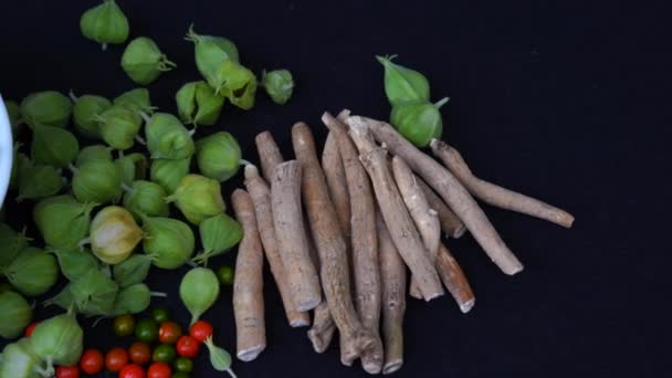 Ashwagandha Dry Root Medicinal Herb Fresh Leaves Znany Również Jako — Wideo stockowe