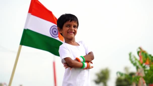 Cute Little Boy Indian National Tricolour Flag Isolated White Background — Stock Video
