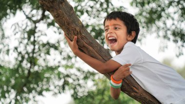 Küçük çocuk Vijay Diwas vesilesiyle ağaca tırmanıyor ve gülümsüyor.