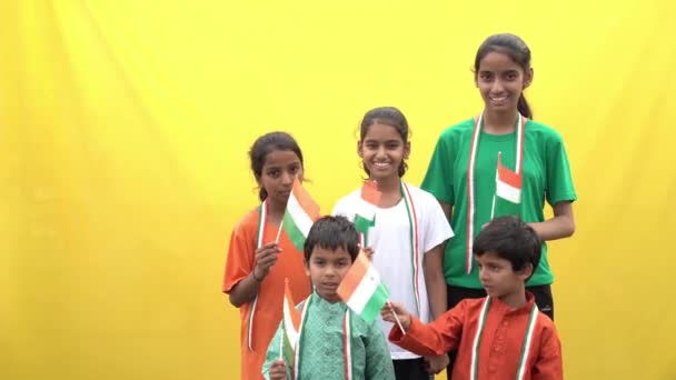 Niñas Niños Indios Alegres Con Camiseta Con Bandera Nacional India — Vídeo de stock