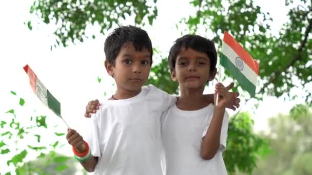 Rapazinhos Indianos Orgulhosamente Seguram Bandeira Indiana Tricolor Adolescente Segurando Bandeira — Vídeo de Stock