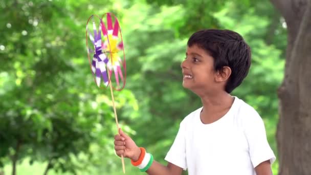 Porträt Eines Glücklichen Süßen Kleinen Jungen Mit Windrad Park — Stockvideo