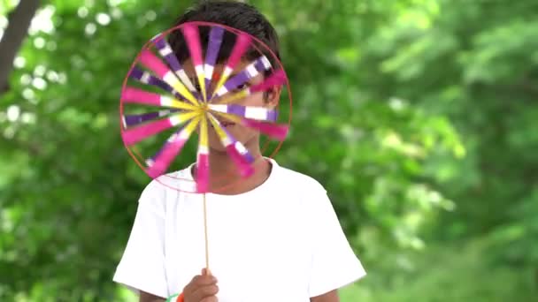 Porträt Eines Glücklichen Süßen Kleinen Jungen Mit Windrad Park — Stockvideo
