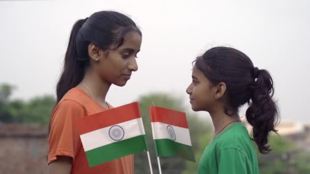 Indian Students Children Holding Waving Tricolour Greenery Background Celebrating Independence — Stock Video