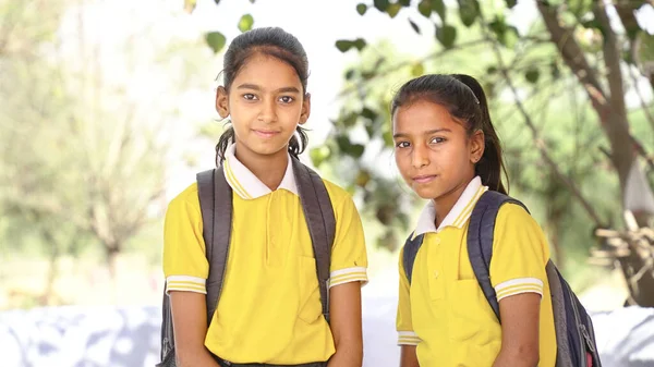 Happy Confident Indian Student Schoolgirl Wearing School Uniform Standing Closeup — Stock Photo, Image