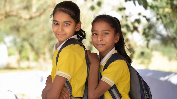 Happy Confident Indian Student Schoolgirl Wearing School Uniform Standing Closeup — Stock Photo, Image