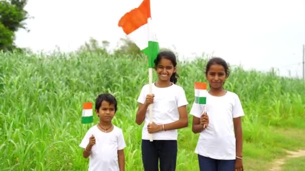 緑豊かなトリコロールを背景に 独立記念日や共和国の日を祝うかわいいインドの子供たち — ストック動画