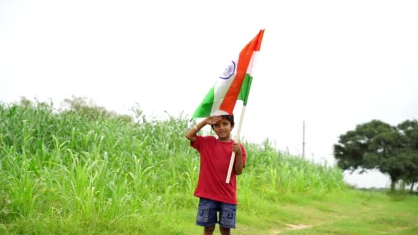 Lindos Niños Indios Sosteniendo Saludando Corriendo Con Tricolor Con Vegetación — Vídeo de stock