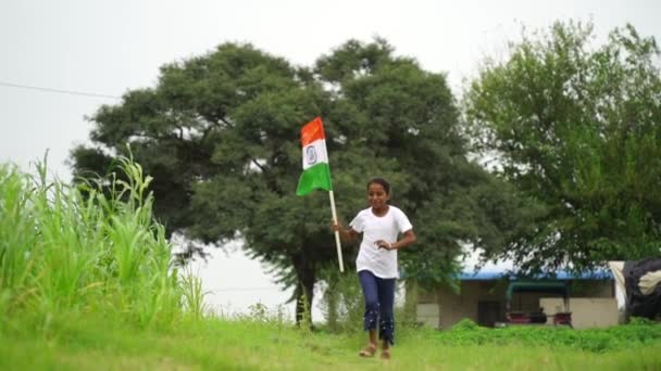 Crianças Indianas Bonitos Segurando Acenando Correndo Com Tricolor Com Vegetação — Vídeo de Stock
