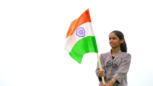 Indian Girl Holding Waving Running Tricolour Greenery Background Celebrating Independence — Stock Video