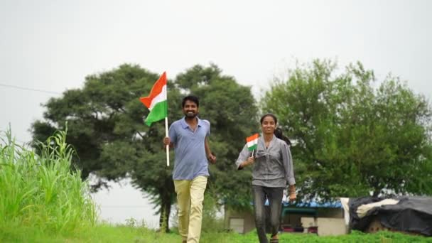 Indian Girl Young Man Holding Waving Running Tricolour Greenery Background — Stock Video