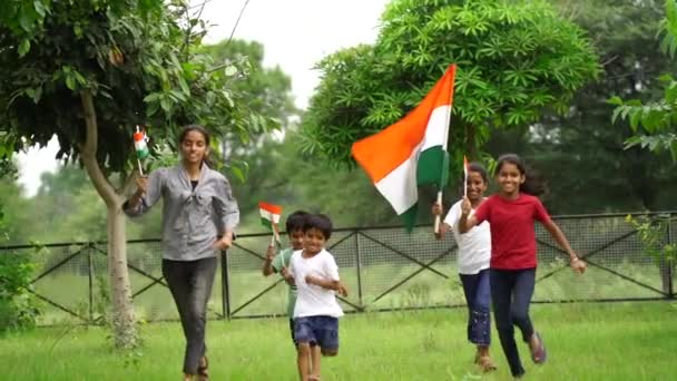 Crianças Indianas Bonitos Segurando Acenando Correndo Com Tricolor Com Vegetação — Vídeo de Stock