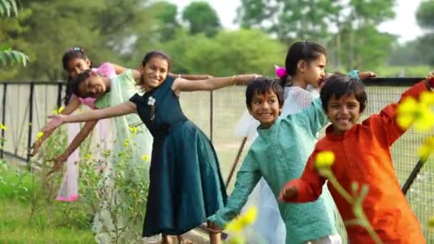 春公園で屋外で遊ぶ楽しいインドの子供たちのグループ 庭で遊んでいるアジアの子供たち サマーホリデー — ストック動画