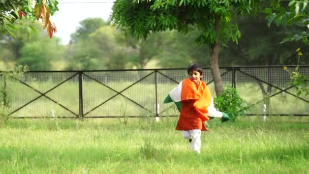 Cute Little Indian Boy Running Indian Tricolour Flag Greenery Background — Stock Video