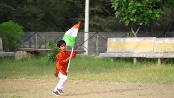 Menino Indiano Bonito Correndo Com Bandeira Tricolor Indiana Vegetação Fundo — Vídeo de Stock