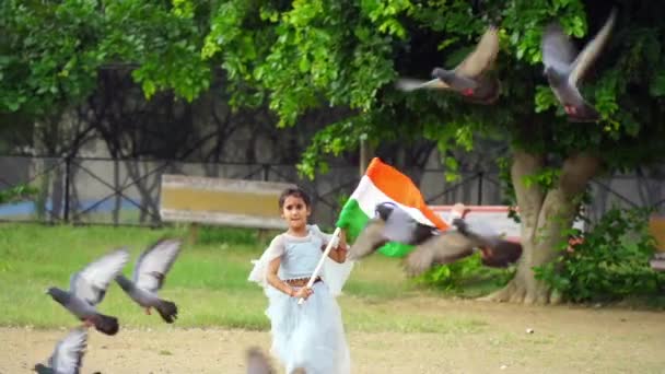 Nettes Indisches Mädchen Kleid Läuft Mit Indischer Flagge Während Der — Stockvideo