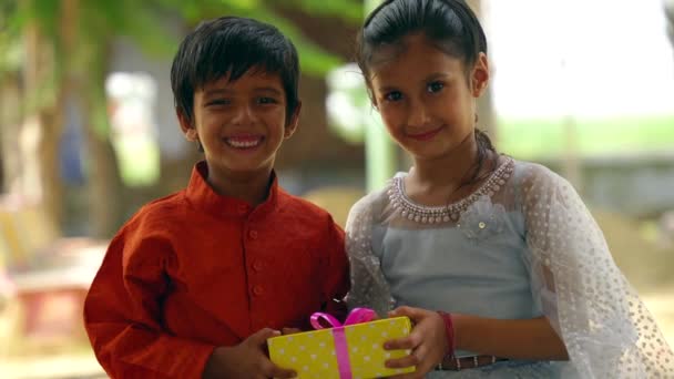 フェスティバル中に伝統的なインドの服を着て幸せなインドの兄弟と姉妹の肖像画 — ストック動画