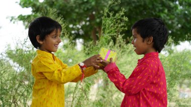 Hindu kardeş ve etnik kız kardeş Raksha Bandhan festivali vesilesiyle Hint tatlısı ve hediye paketi taşıyorlar.