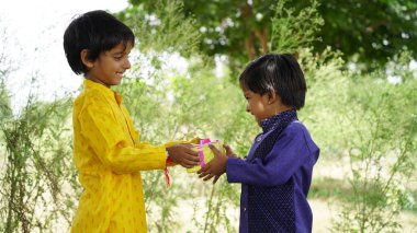 Hindu kardeş ve etnik kız kardeş Raksha Bandhan festivali vesilesiyle Hint tatlısı ve hediye paketi taşıyorlar.