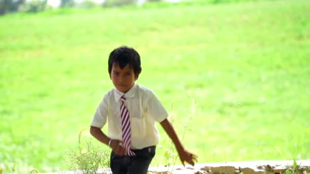 Šťastný Roztomilý Chytrý Chlapec Stylovým Účesem Běží Pozdě Lekce Školy — Stock video
